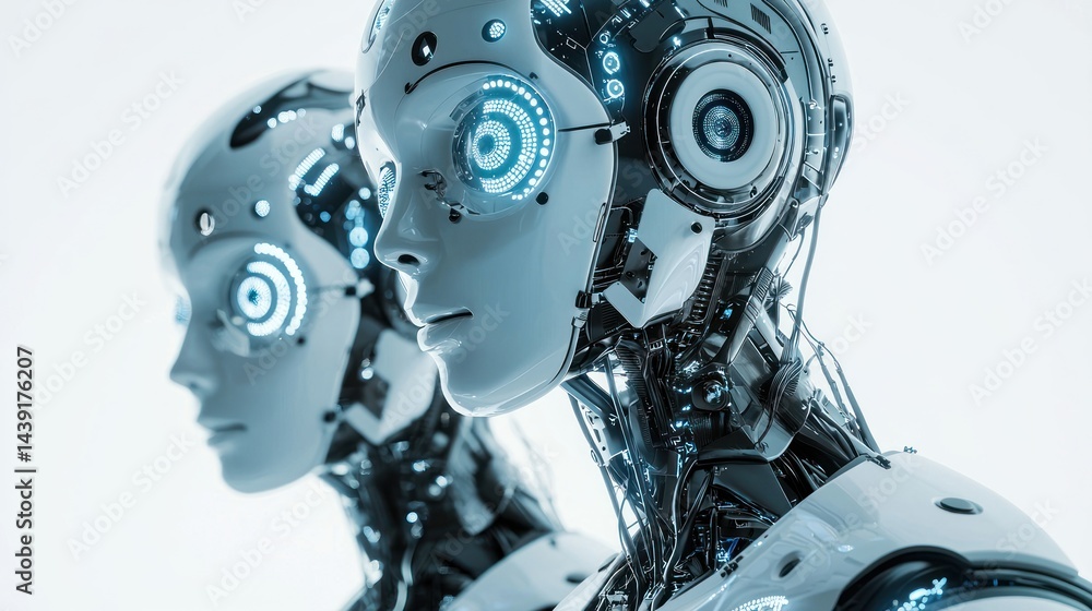 Fototapeta premium Futuristic robot assistants offering virtual help with digital assistants floating around, white background.