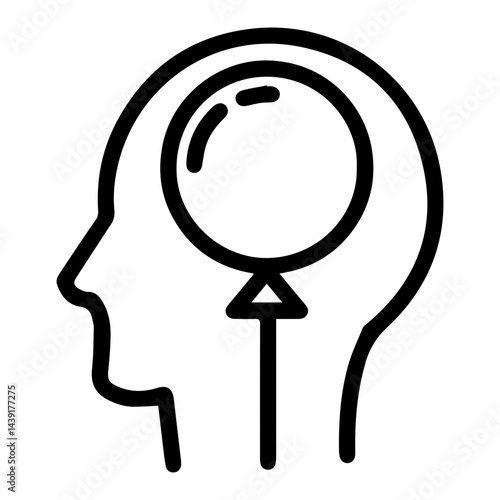 Balloon rising in mind (outline style). Uplifting thought, buoyant idea, expanding concept, soaring imagination, optimistic thinking, elevating notion, lighthearted contemplation