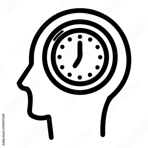Time on mind (outline style). Temporal thought, schedule concept, deadline awareness, punctuality focus, chronological thinking, time management, mindful of hours, clock-watching brain