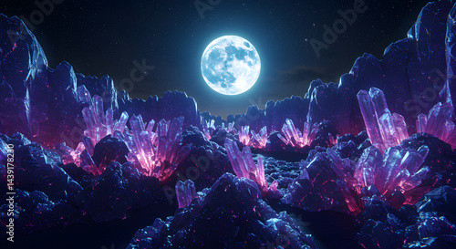 Enchanted Crystal Landscape Underneath a Glowing Celestial Moon in the Night
