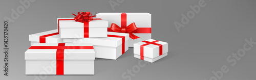 Gift box podium composition - white cube pedestals wrapped with red ribbons, 3d vector presents displaying products, holiday reward platforms for special sale offer promotions and celebrations.
