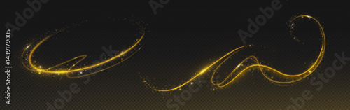 Shiny gold magic light trail set on black background - glowing wavy spiral swirls, sparkling stardust glitter particles, luminous cosmic comet tails. Luxury realistic festive decoration element pack.