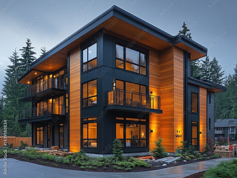 Obraz premium Modern home with wood and black paneling, lit warmly at dusk. Showcase real estate, architecture, or design projects with this photo.