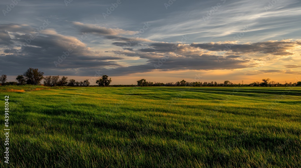 Vast Expanse of Verdant Green Landscape Under Dramatic Sunset and Cloudy Sky Vast Expanse of Verdant Green Landscape Under Dramatic Sunset and Cloudy Sky