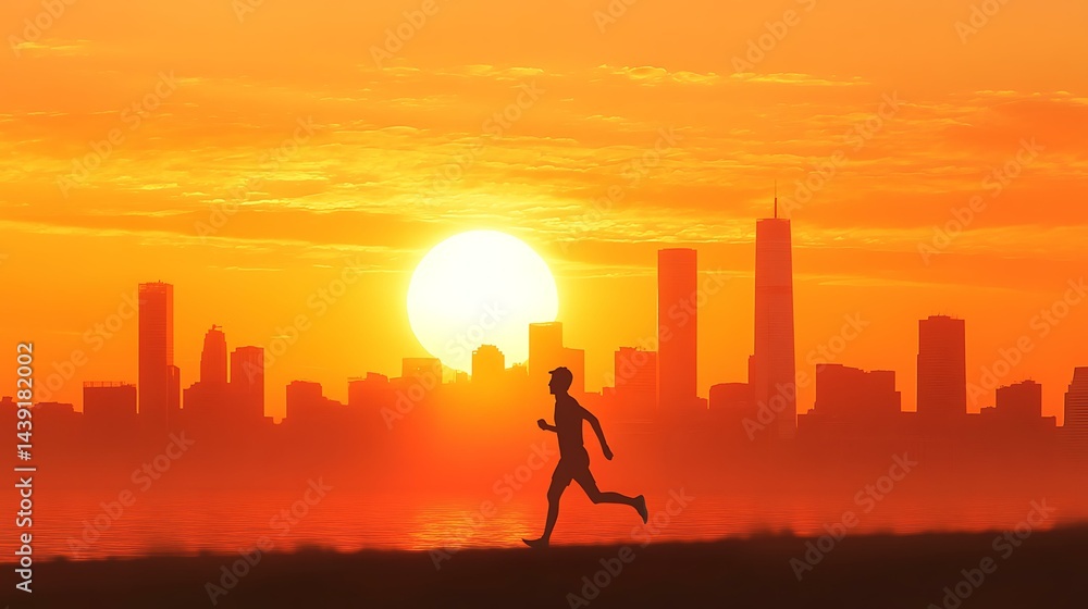 22. jogger running in city at sunrise, urban skyline in background 22. jogger running in city at sunrise, urban skyline in background