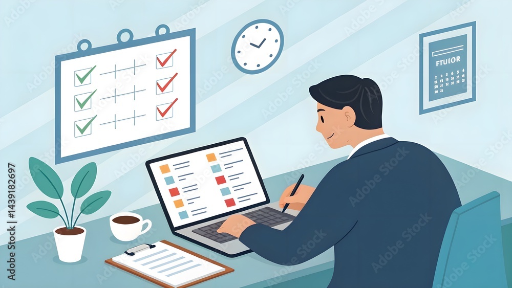 A business professional marks completed tasks on a digital to-do list, representing effective time management and organizational skills. Perfect for concepts involving productivity, planning, and goal A business professional marks completed tasks on a digital to-do list, representing effective time management and organizational skills. Perfect for concepts involving productivity, planning, and goal