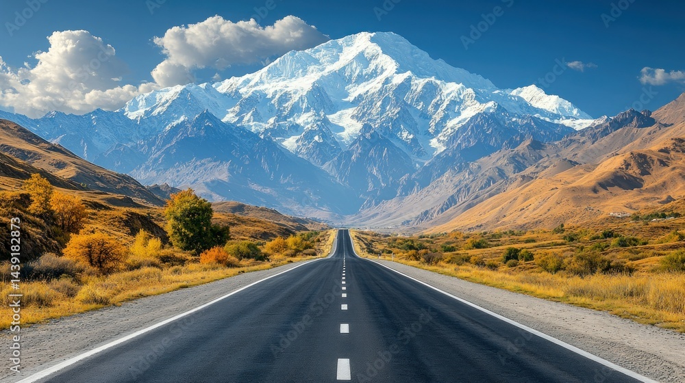 Naklejka premium Scenic mountain road stretching to a snow-capped peak