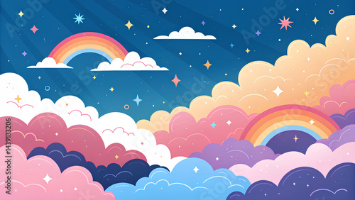 Colorful Cartoon Sky Background with Clouds, Rainbow, Stars, and Sun Rays