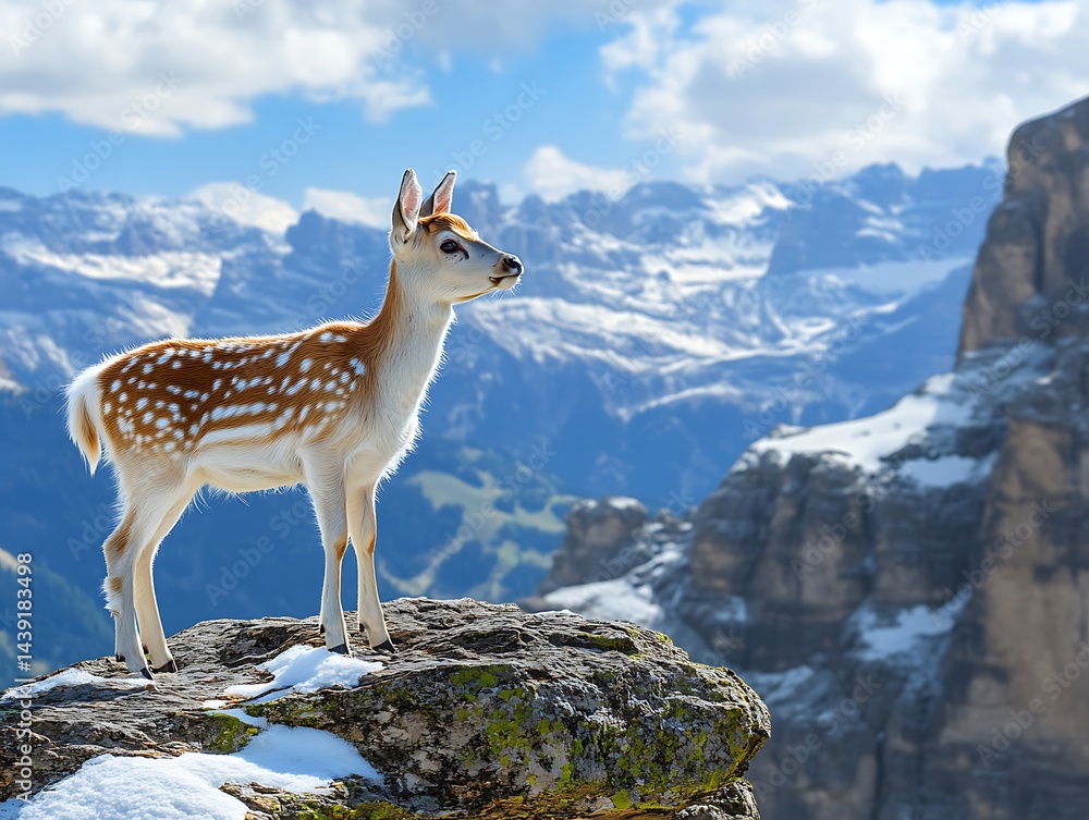 Fawn on a rock in the Dolomite Alps looking into distance. Travel or wildlife photography Fawn on a rock in the Dolomite Alps looking into distance. Travel or wildlife photography