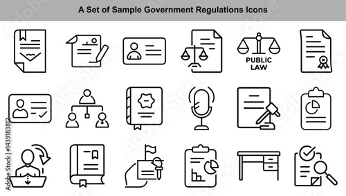 Regulation Icons Set Law Document, Public Justice, Policy, Report Outline Vectors