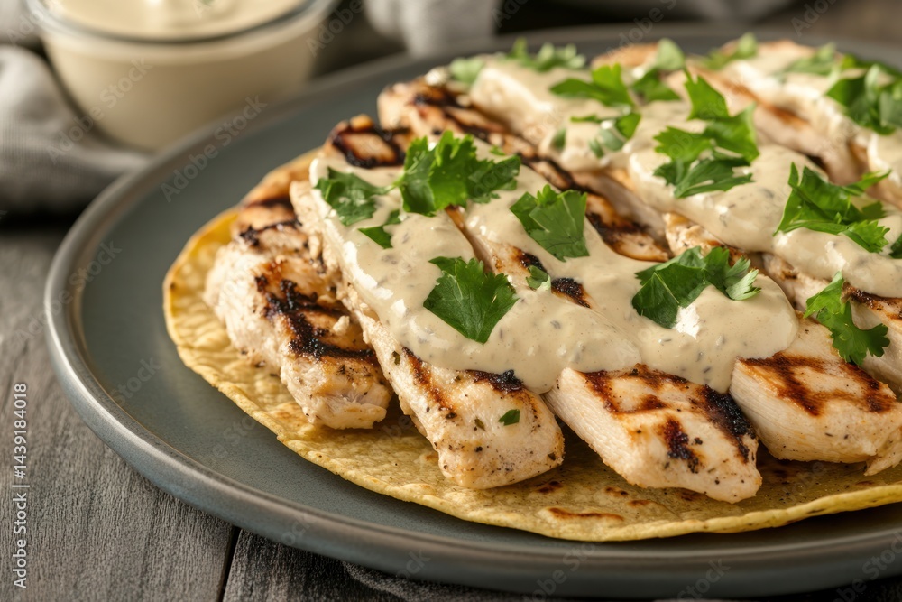 Grilled Chicken Strips Topped With Creamy Sauce And Parsley Grilled Chicken Strips Topped With Creamy Sauce And Parsley