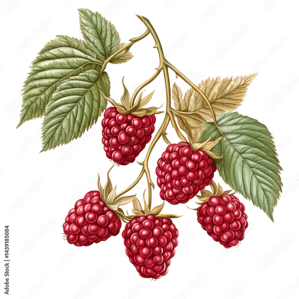 Ripe raspberries with green leaves isolated on a clean transparent background for botanical illustration, Raspberries Isolated on transparent background Old Botanical Illustration Ripe raspberries with green leaves isolated on a clean transparent background for botanical illustration, Raspberries Isolated on transparent background Old Botanical Illustration