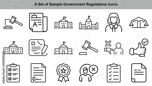 Government Regulations Line Icons Set: Law, Justice, Document, Building, Approval, Rejection, isolated on white