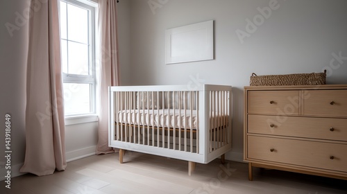 Modern Nursery Room with Crib, Dresser, and Window for Baby