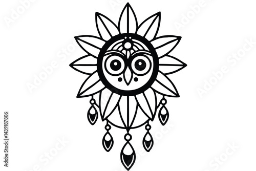 Stylized Owl Mandala Vector Illustration with Dangles in Black and White for Designs and Patterns.