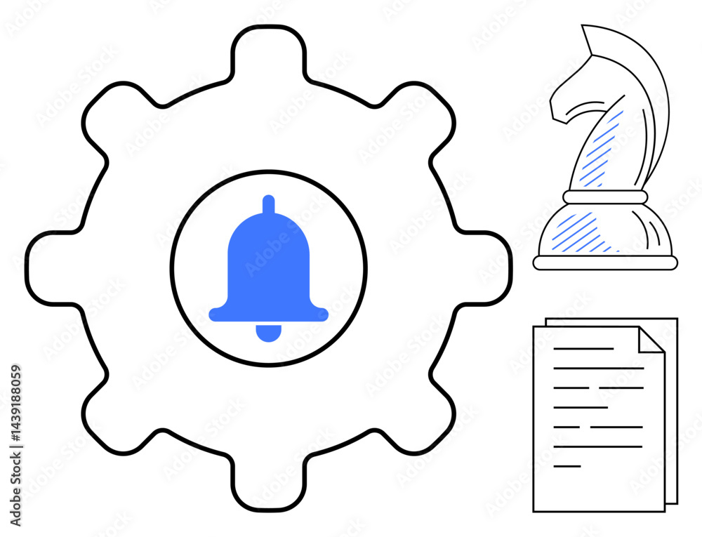 Notification bell within gear for system alerts, chess knight for strategic thinking, and document for organization. Ideal for automation, alerts, strategy, planning, productivity, systems workflow