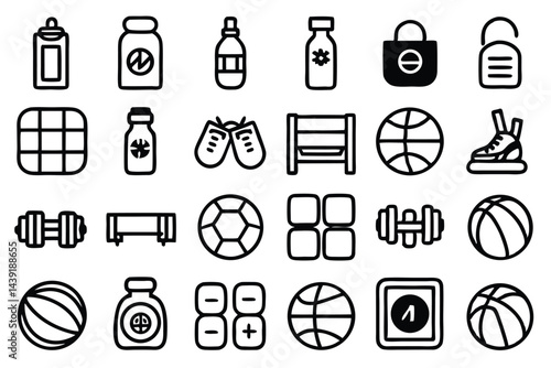 Fitness, Healthcare and Sports Icons Line Art Collection Featuring Dumbbells, Balls, Medicine, Lockers and Lock.