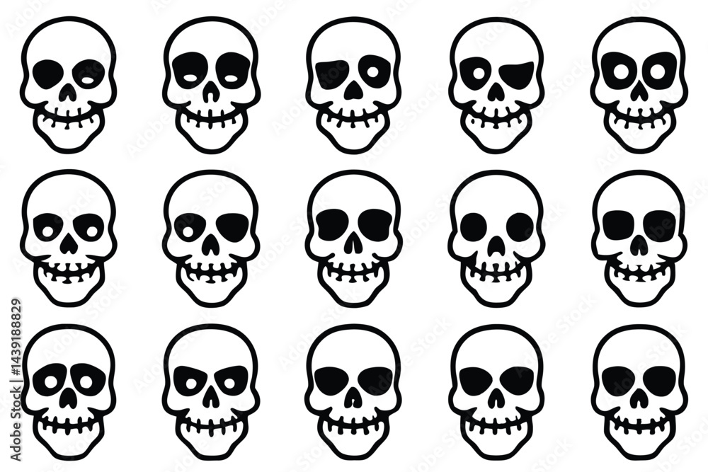 Collection of Spooky Cartoon Skull Icons on White Background, Halloween Theme. Black and White vector illustration. Collection of Spooky Cartoon Skull Icons on White Background, Halloween Theme. Black and White vector illustration.