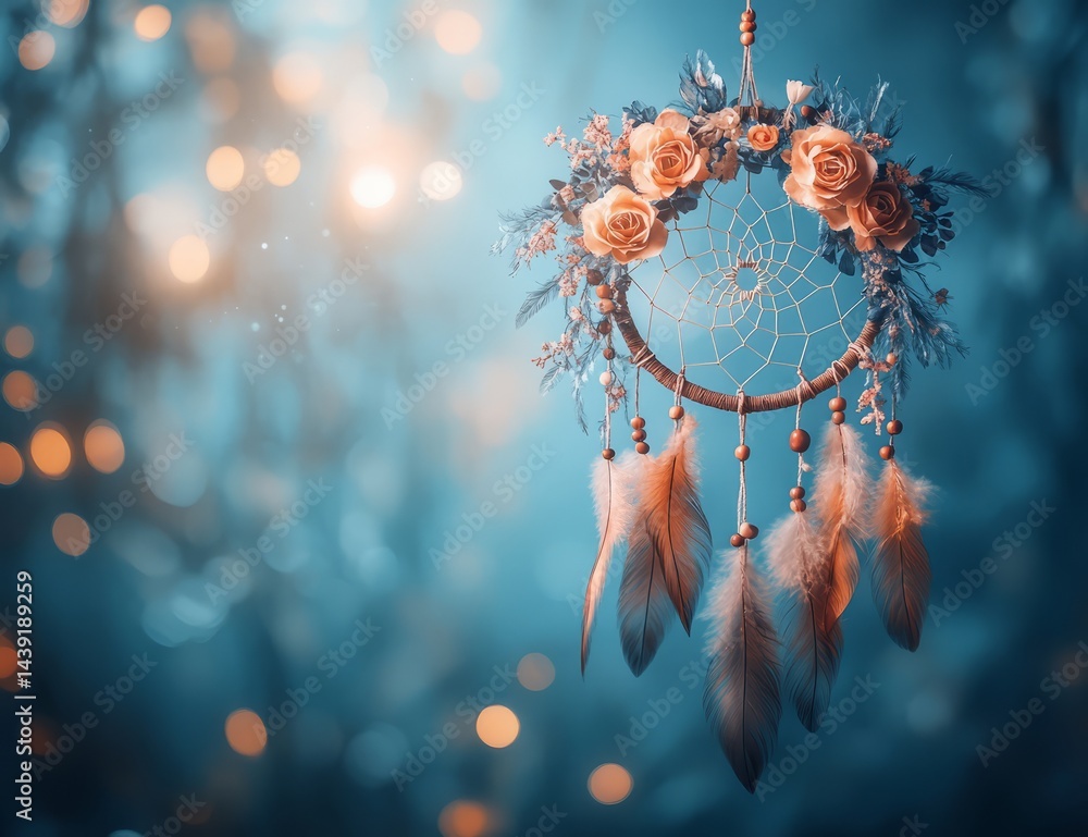 Dreamcatcher with feathers, flowers, romantic feel.