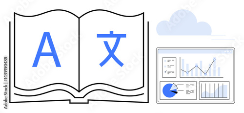 Open book with multilingual letters alongside a data dashboard showing charts and graphs. Ideal for education, data analysis, research, language learning, global business, tech innovation, simple