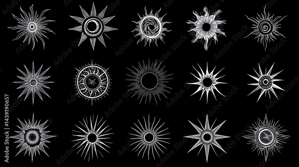 Abstract sunburst designs, black background, graphic design elements Abstract sunburst designs, black background, graphic design elements