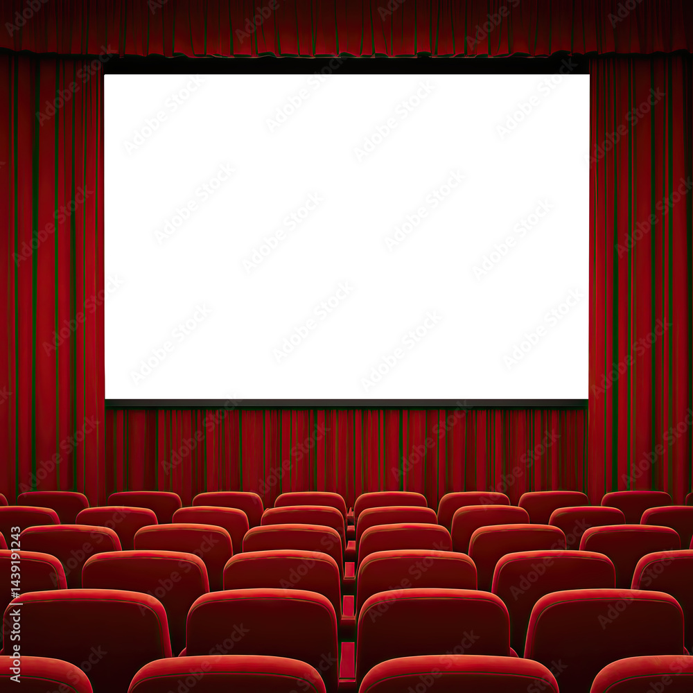 Fototapeta premium Classic Movie Theater Interior with Red Seats and Curtains, Screen Isolated
