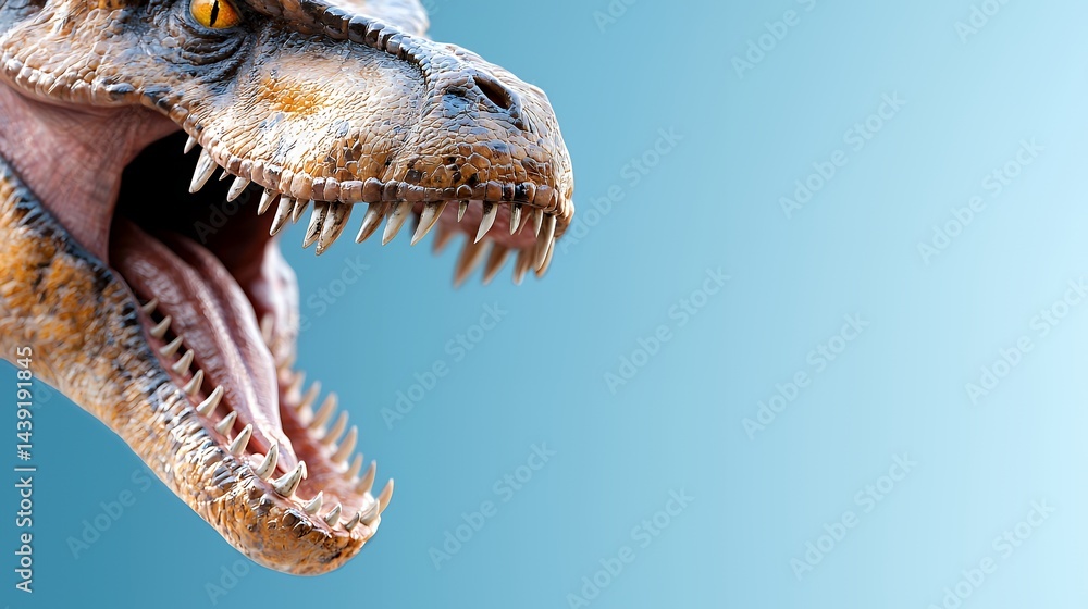 Fototapeta premium Dinosaur Head with Open Mouth Against a Blue Background
