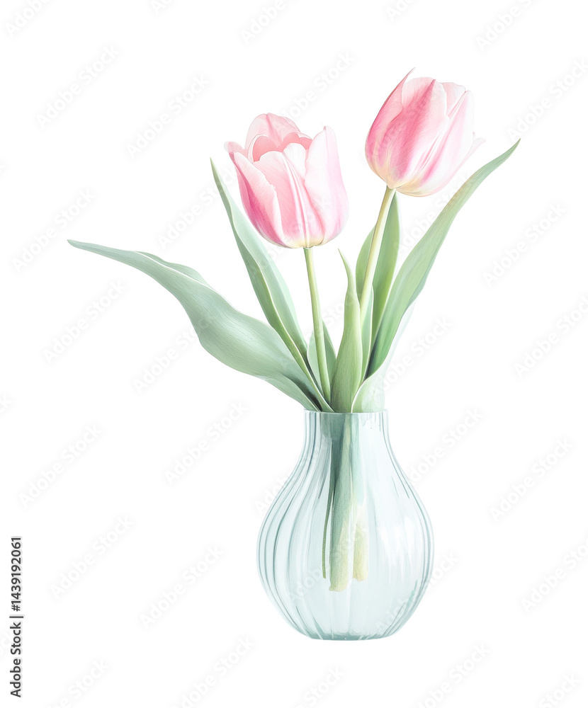 Elegant pink tulips in a glass vase displaying natural beauty, cut out - stock png. Elegant pink tulips in a glass vase displaying natural beauty, cut out - stock png.