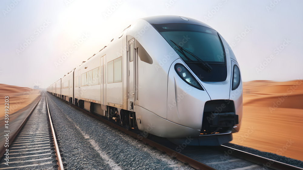 A high-speed train in the desert with a vast desert background.
A high-speed train in the desert with a vast desert background.