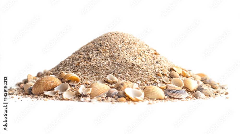 Obraz premium Group of beach sand piles with shells scattered around on white background.