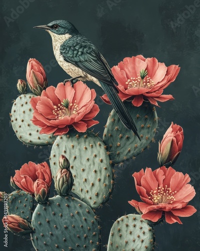 Vintage bird, cactus, rich colors.
