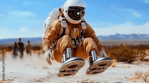 Astronaut hovering in desert landscape