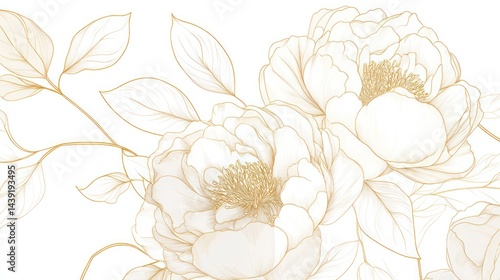 Fototapeta Naklejka Na Ścianę i Meble -  Elegant gold-line peonies, floral design, white background, wedding invitation