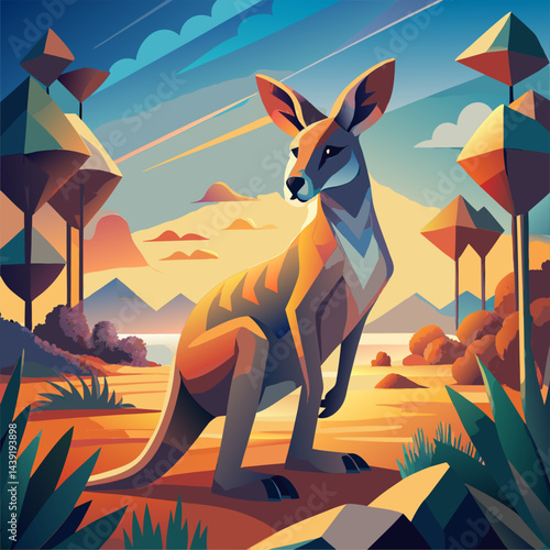 Kangaroo in the Australian Outback. A Geometric Sunset Illustration