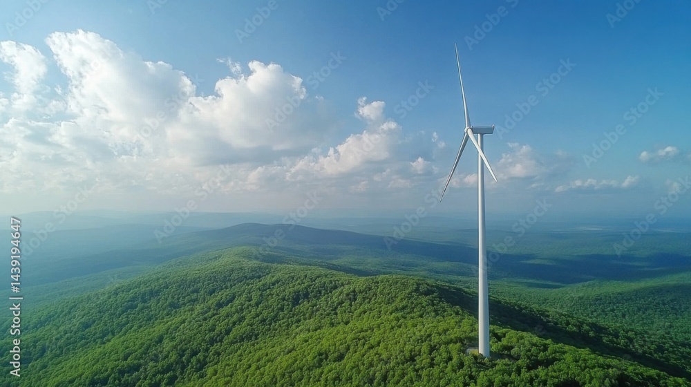 Single white wind turbine rising above green treetops under blue sky with scattered clouds, sustainable future scene Single white wind turbine rising above green treetops under blue sky with scattered clouds, sustainable future scene