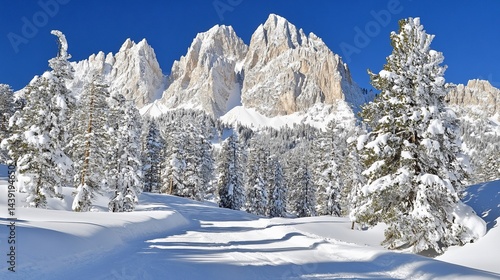 Wallpaper Mural Snowy mountain range with pine trees under clear, blue skies Torontodigital.ca