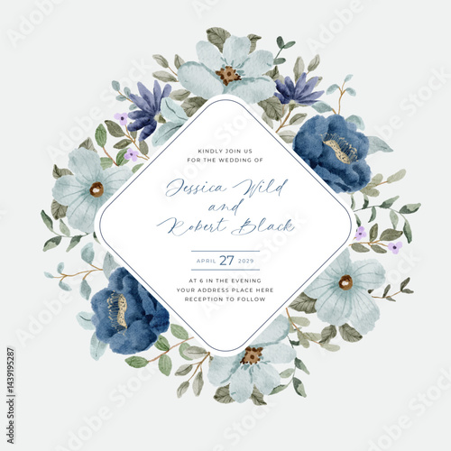 soft and dark blue floral watercolor frame