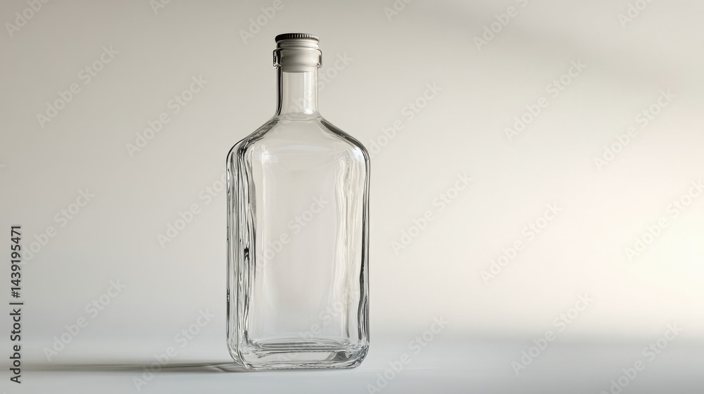 Empty glass bottle with no label, isolated against a white background. The bottles transparency and smooth surface are highlighted Empty glass bottle with no label, isolated against a white background. The bottles transparency and smooth surface are highlighted