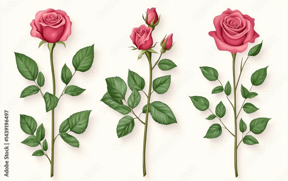 Fototapeta premium Three Elegant Pink Roses with Lush Green Foliage
