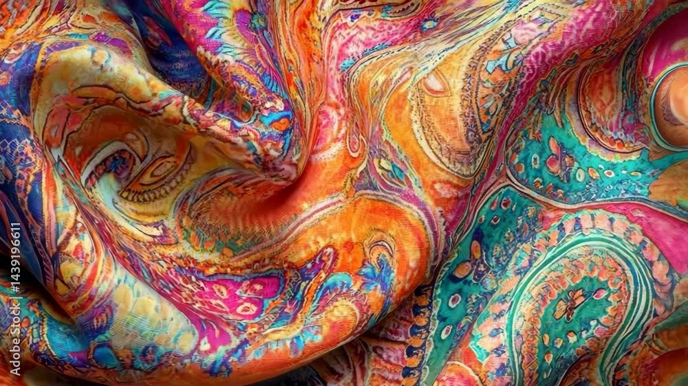Vibrant paisley fabric waves in dynamic motion Vibrant paisley fabric waves in dynamic motion