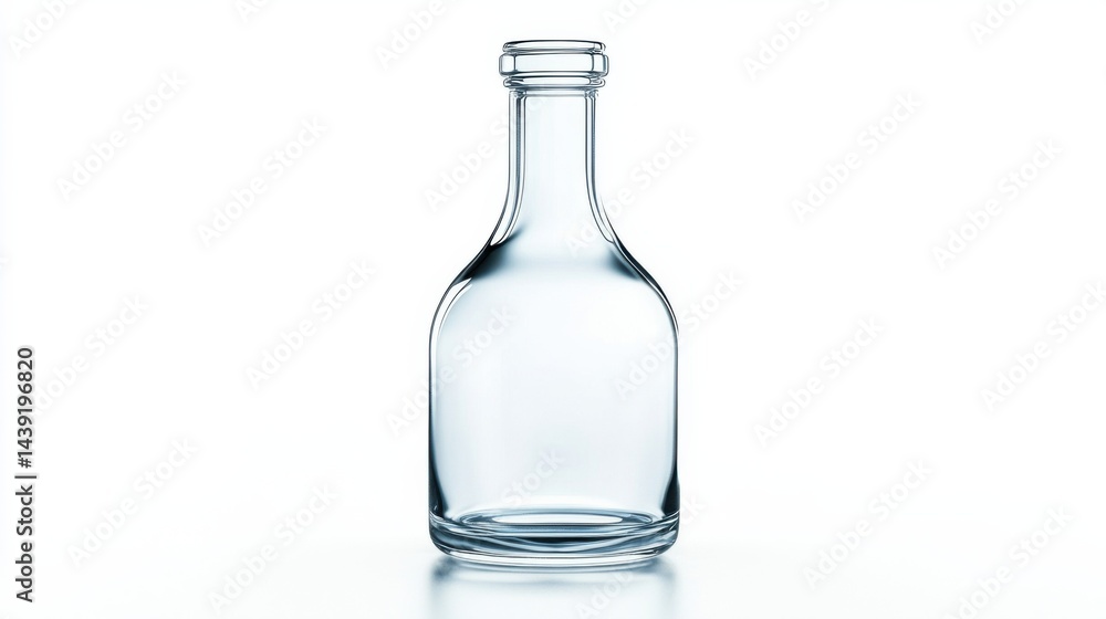 Highly realistic depiction of an empty glass bottle, isolated on a clean white background. The bottle is transparent with intricate reflections, showcasing a smooth surface and slight imperfections. Highly realistic depiction of an empty glass bottle, isolated on a clean white background. The bottle is transparent with intricate reflections, showcasing a smooth surface and slight imperfections.