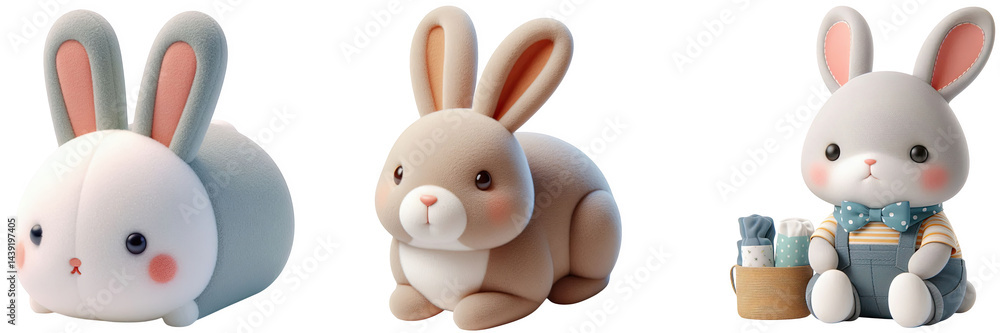 Obraz premium Three easter bunny plush toys with different designs on a black background display