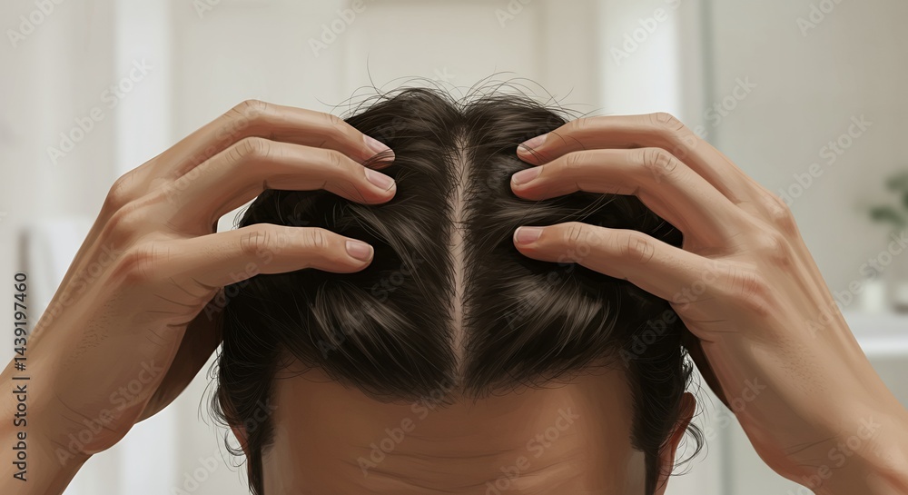 Naklejka premium Person Gently Touching Dark Brown Hair Examining Scalp Health in a Blurred Bathroom Setting for Hair Care and Dermatological Illustration