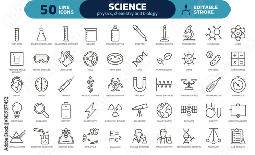 Science icons set – thin line, editable stroke vectors for physics, chemistry, biology research, sciences and laboratory education