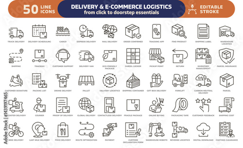 Delivery and E-commerce logistics icon set. Thin line editable stroke icons. Online shopping, shipping, tracking, courier services, warehouse, payment, customs, transportation, supply chain operations