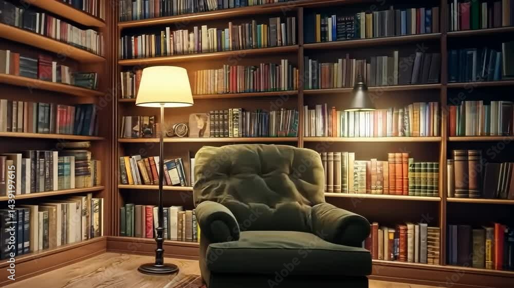 Cozy library room ambiance with books and comfortable armchair lighting Cozy library room ambiance with books and comfortable armchair lighting