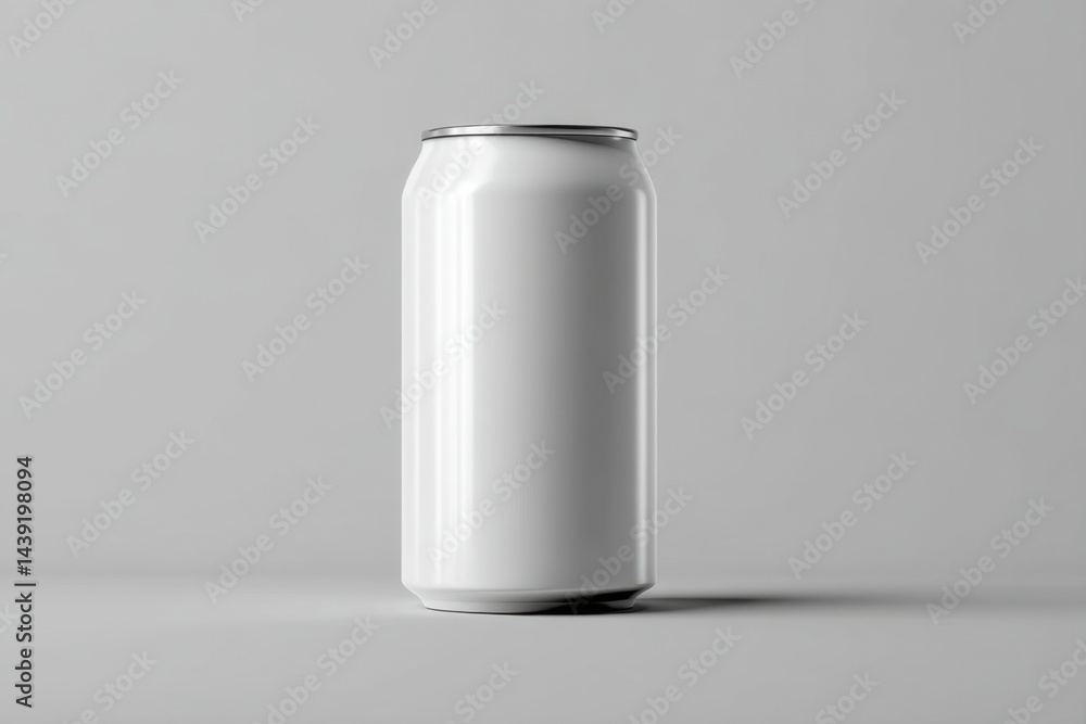 Blank aluminum can standing upright on a light gray surface with soft shadows during bright lighting conditions Blank aluminum can standing upright on a light gray surface with soft shadows during bright lighting conditions