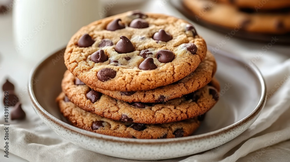 Stacked chocolate chip cookies on a plate Stacked chocolate chip cookies on a plate