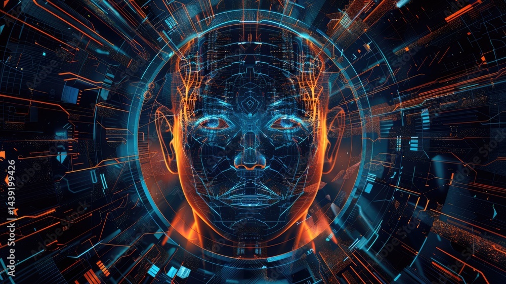 Fototapeta premium Discover a striking futuristic background that features an abstract representation of artificial intelligence with glowing elements and intricate details.