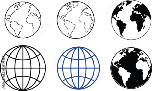 Earth Blue Outline Icon Vector Bundle – Isolated Globe Illustration Set